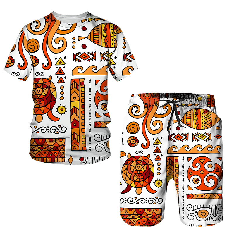 Men&#39;s African Style Summer Tracksuit Ethnic Totem Print T-Shirt Shorts Set Casual Clothing Vintage Oversized Fashion Outfits