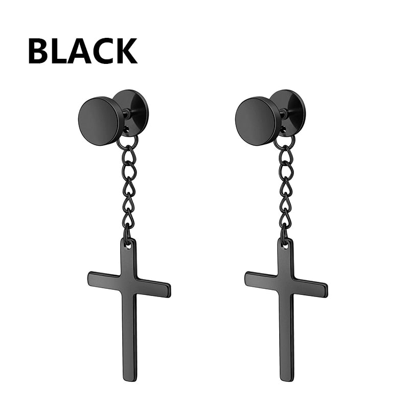 2pc Stainless Steel Men Cross Stars Punk Dangle Earrings Gothic Woman Cross Ear Hoop Earrings Huggies Pendant Piercing Jewelry