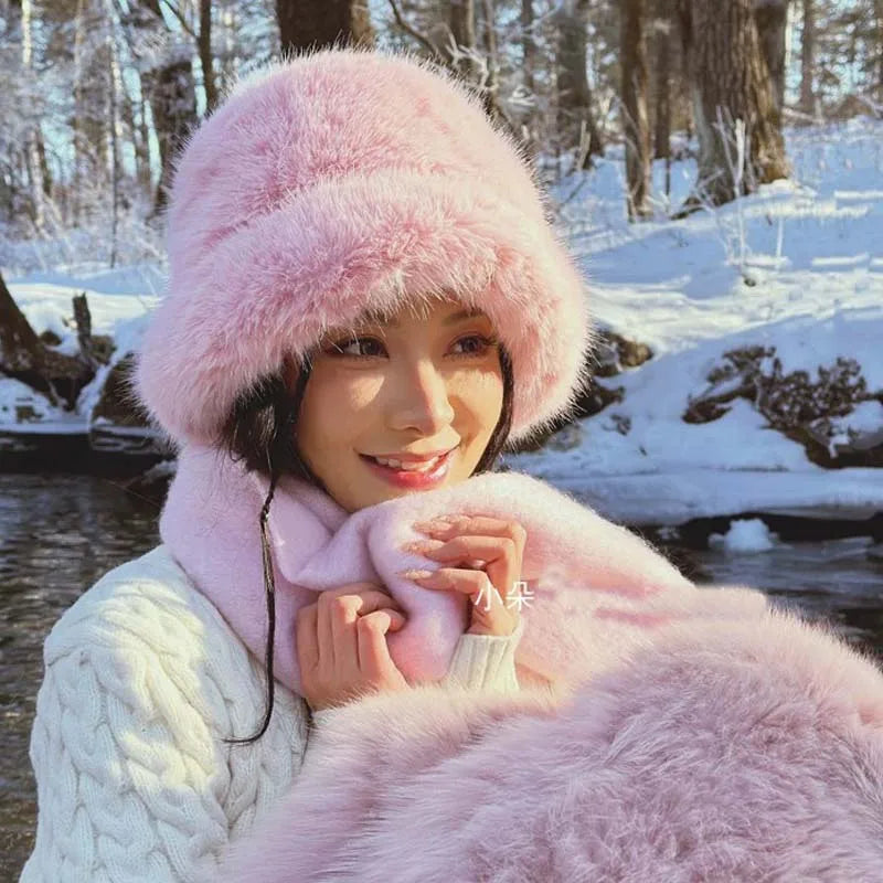 Fluffy Faux Fur Bucket Hats Women Rabbit Fur Warm Thick Plush Winter Hat Lady Fashion Luxury Panama Furry Fisherman Cap Y2k