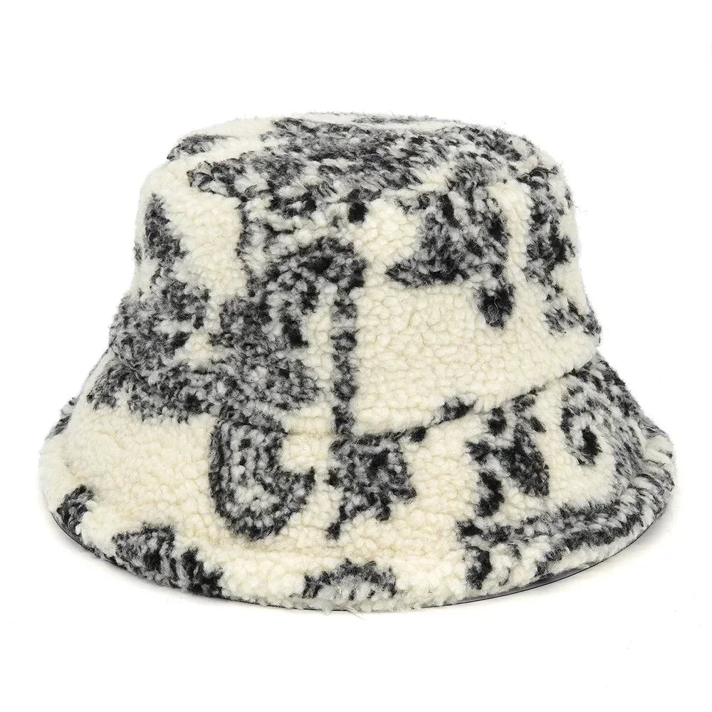 Winter Bucket Hats Women Fashion Print Ladies Warm Panama Hat Wool Soft Velvet Thickened Fur Rabbit Hair Outdoor Fisherman Hat