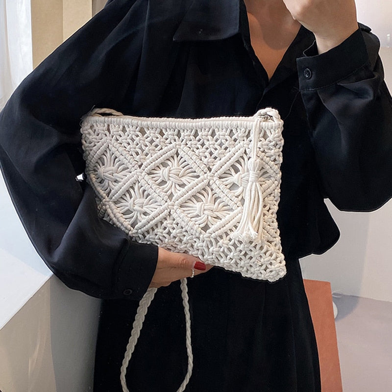 Handmade Cotton Rope Tassel Braided Bag 2023 Summer New Straw One Shoulder Oblique Span Bag Bohemian Style Beach Lift Handbag