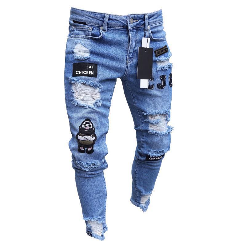 White Embroidery Skinny Ripped Jeans Men Cotton Stretchy Slim Fit Hip Hop Denim Pants Casual Jeans for Men Jogging Trousers
