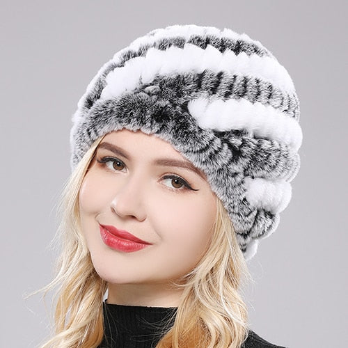 Brand Women Genuine Rex Rabbit Fur Hats Winter Rex Rabbit Fur Beanies Striped Top Flower Fox Fur Warm Real Fur Knit Caps