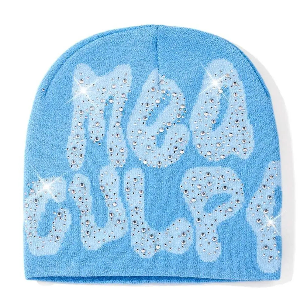 NEW Y2K MEA Culpa Beanies Hat with Rhinestone for Women Men Beanies Hats Hip-hop Soft Stretch Warm Knitted Slouchy Cap