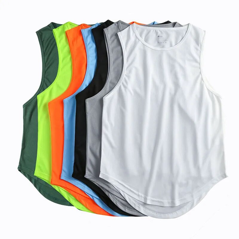 Summer Quick Dry Sports T Shirts For Men Solid Color Sleeveless Gym Muscle Tank Top Fitness Gym Tops Bodybuilding Running Tees