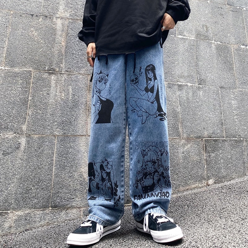 Vintage Washed Jeans Men Women Streetwear Jeans Harajuku Cartoon Anime Print Jeans Fashion GirlJeans Loose Wide Leg Pants Cotton