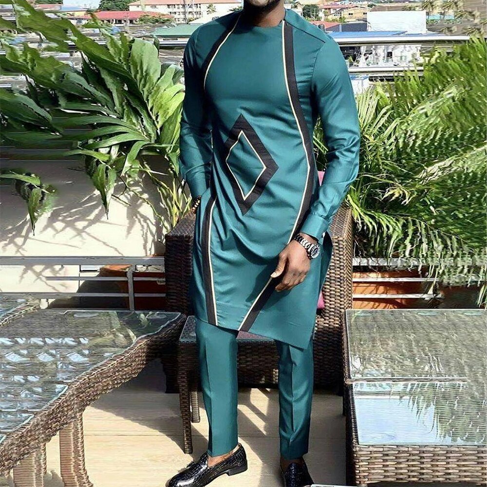 Dashiki African Clothing For Men Casual Green Geometric Print Suit Long Sleeve Shirt Trouser African Suit For Men Set 2 Pieces