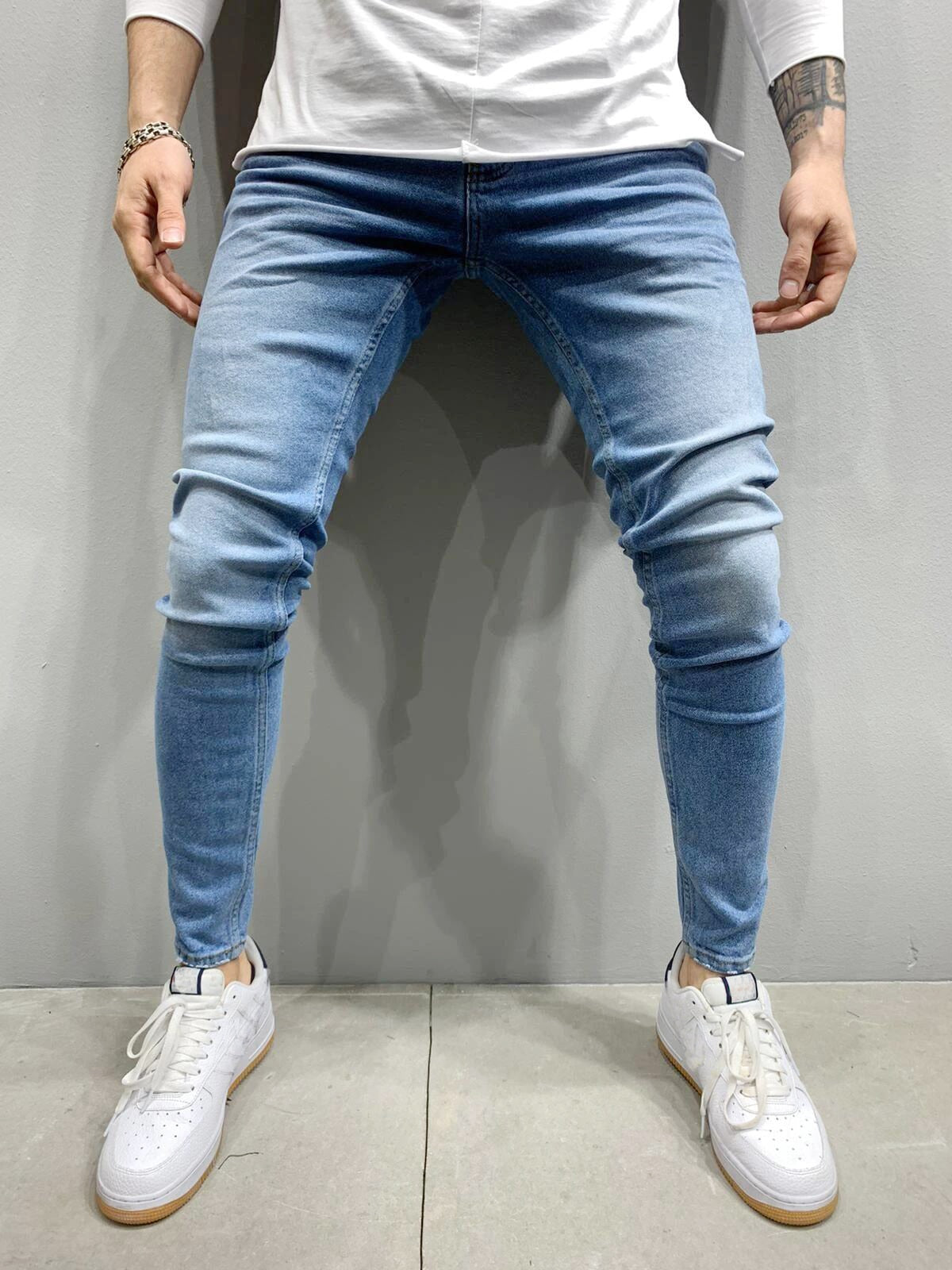 Fashion Street Style Ripped Skinny Jeans Men Vintage wash Solid Denim Trouser Mens Casual Slim fit pencil denim Pants hot sale