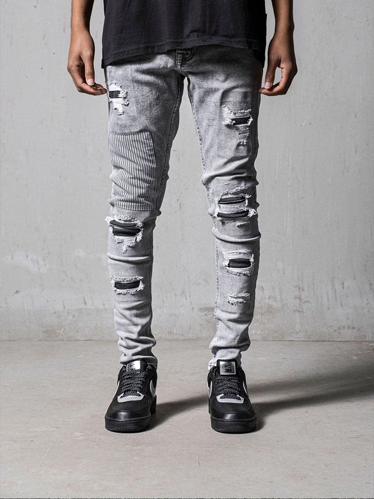 Men&#39;s Skinny Ripped Jeans Streetwear Fashion Beggar Patch Men Pencil Pants Grey/Blue Slim Denim Trousers Casual Jeans for Men