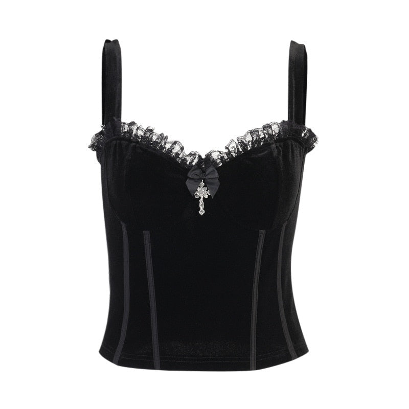 Retro Gothic Black Basic Crop Top Bodycon Women Camis Grunge Punk Clothes Lace Trim Sexy Corset Top Backless Flocking Vest