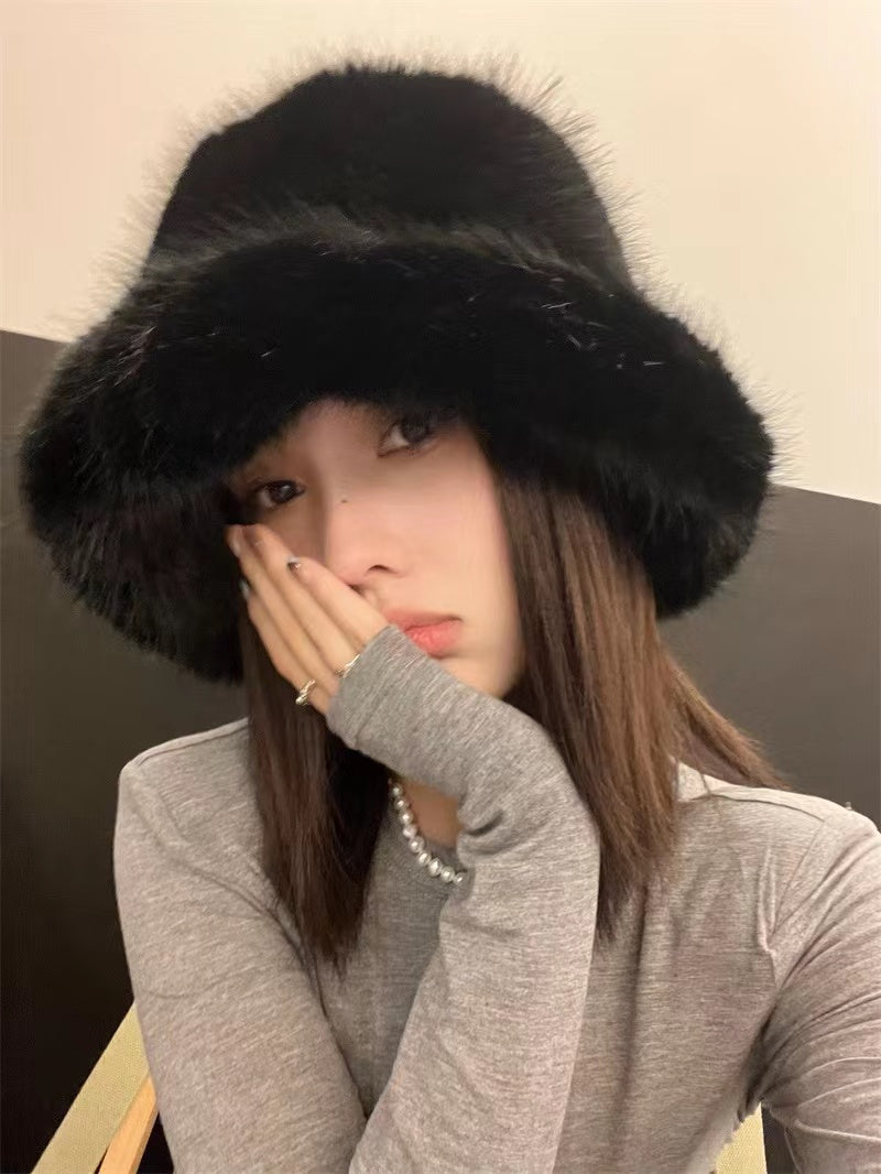 Fluffy Faux Fur Bucket Hats Women Rabbit Fur Warm Thick Plush Winter Hat Lady Fashion Luxury Panama Furry Fisherman Cap Y2k