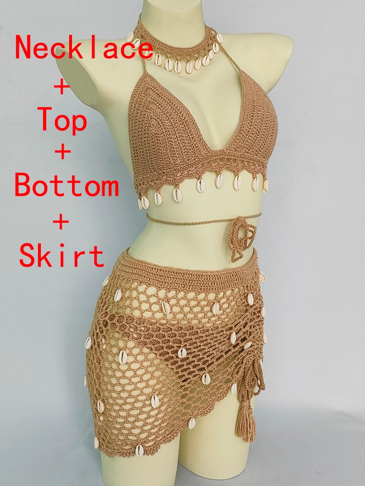 Woman Bikini Set Crochet Shell Tassel Top Sexy Thong Bottom See-Through Hollow Out Bandage High Waist Short Beach Skirt