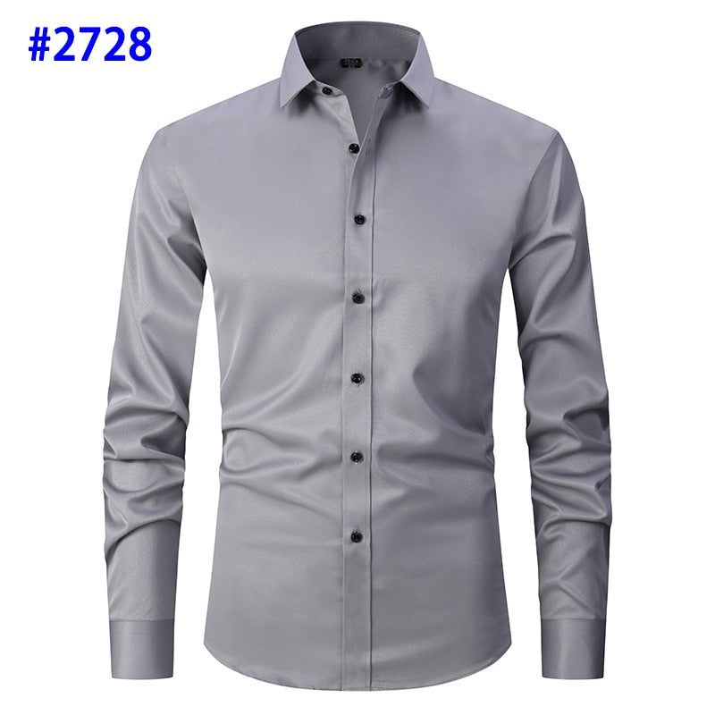 Men&#39;s Dress Shirts Casual Slim Fit Long Sleeve Male Social Shirts Comfortable Non Iron Solid Chemise Homme Blue