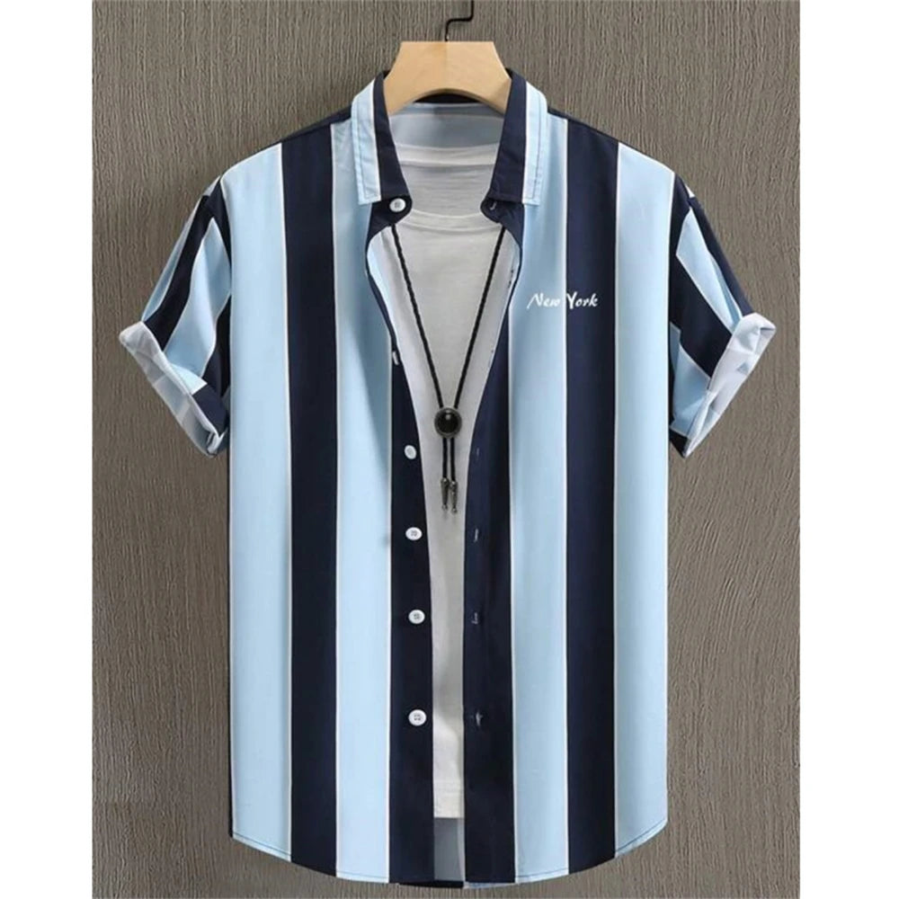 Hawaiian Shirt For Men 3d Stripe Printed Short Sleeved Tops Summer Quick Drying Men Clothing Simple Loose Oversized Men'S Shirts