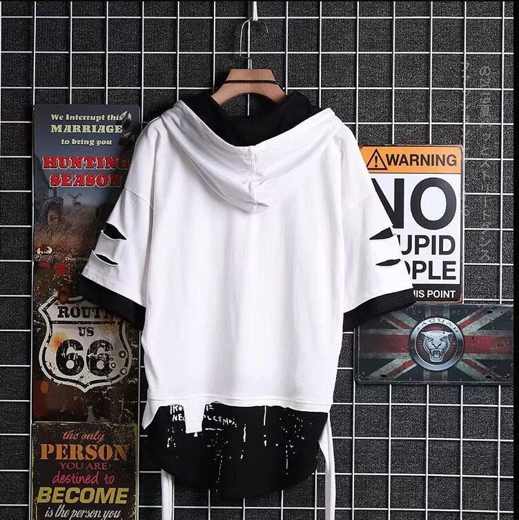 New Men T-shirt Korean Hooded T-shirt Fashion Harajuku Short Sleeve Top Hip Hop T Shirts Mens Summer Print Men Clothing T6