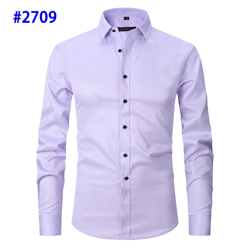 Men&#39;s Dress Shirts Casual Slim Fit Long Sleeve Male Social Shirts Comfortable Non Iron Solid Chemise Homme Blue