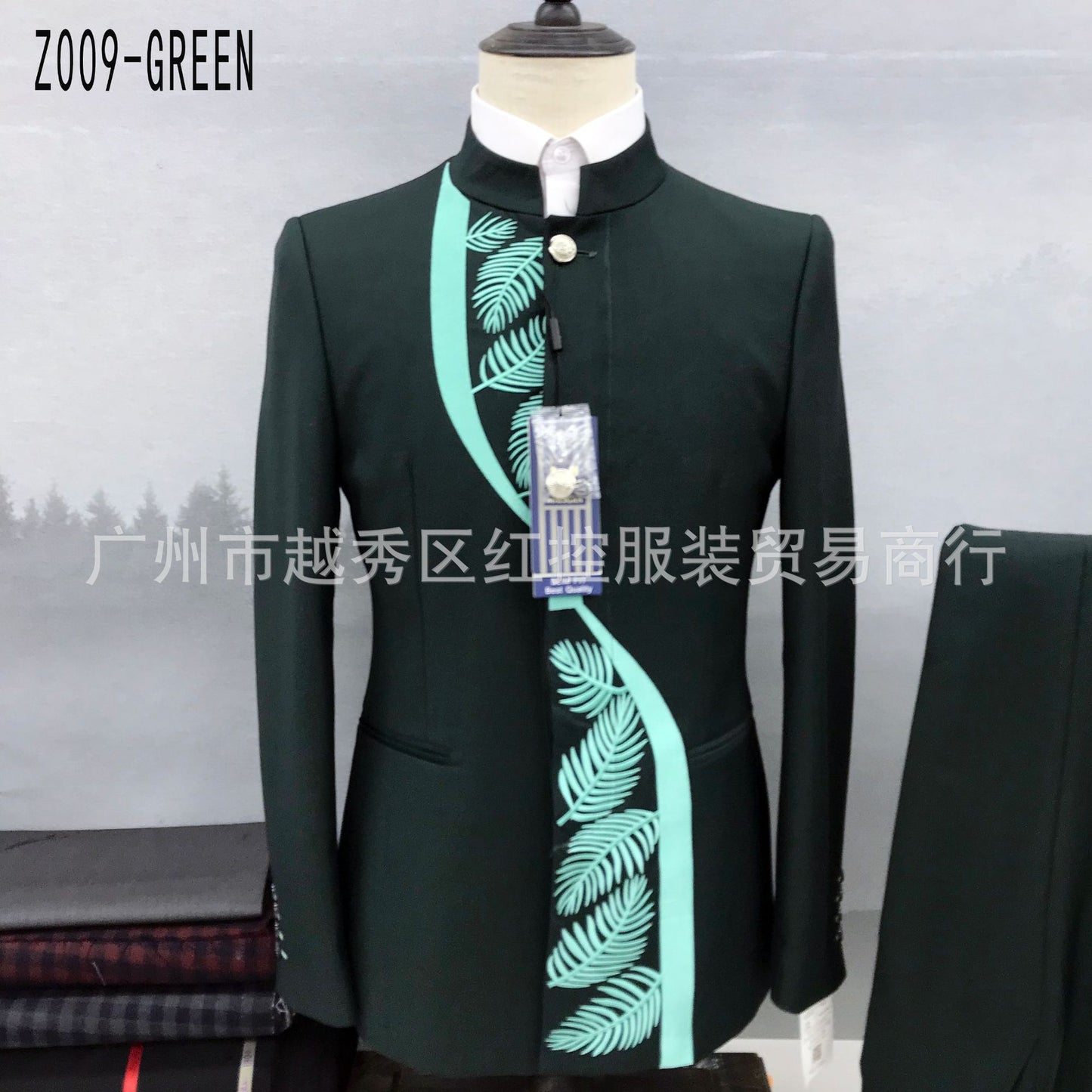 Fashion New Men&#39;s Casual Boutique Chinese Stand Collar Tunic Design Suit 2 Piece Set Blazers Jacket Coat Pants Trousers