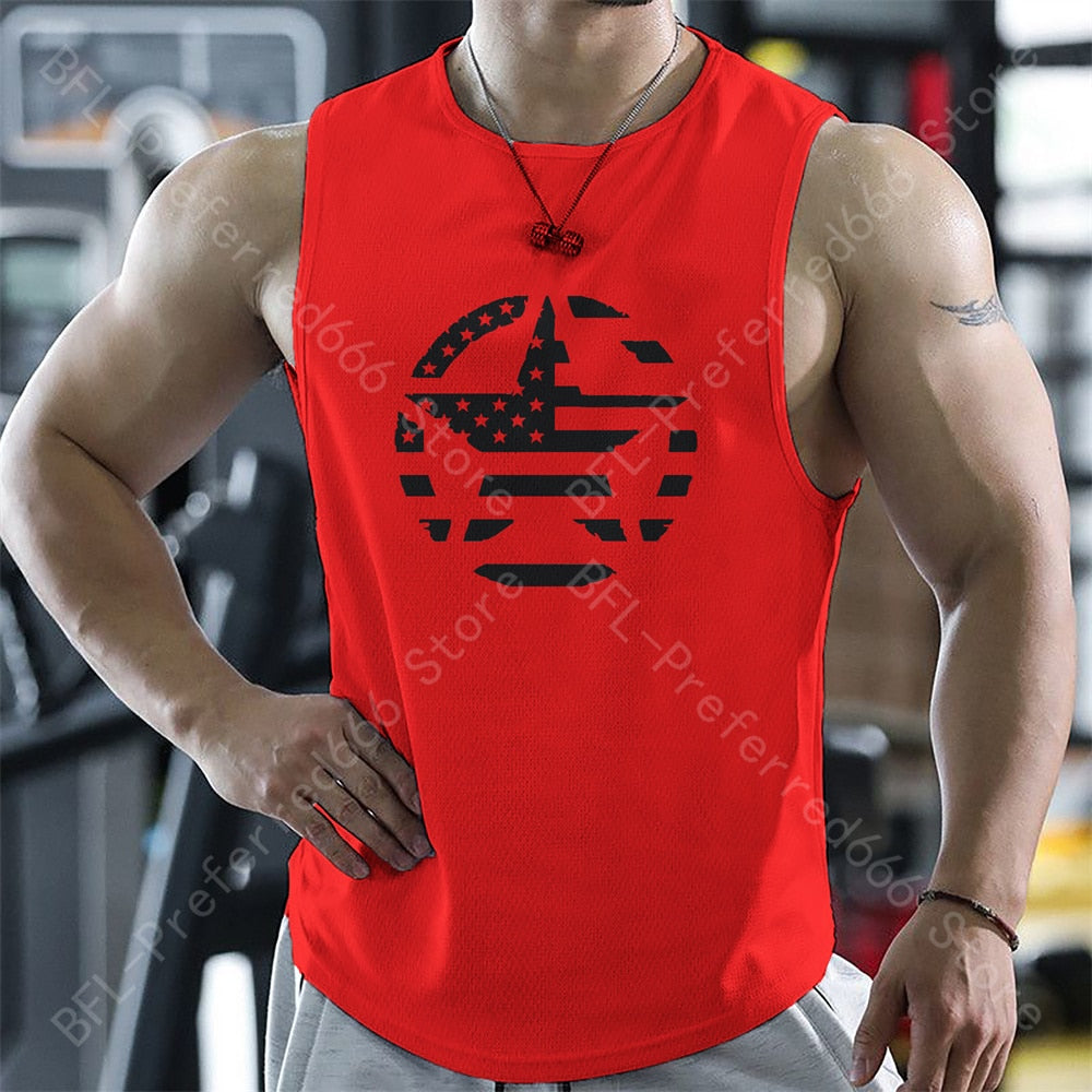 Men Tank Tops Summer Gym Sleeveless T Shirt Print Quick Dry Running Sport Vest Casual Fitness Sportswear Singlets Men&#39;s Clothing