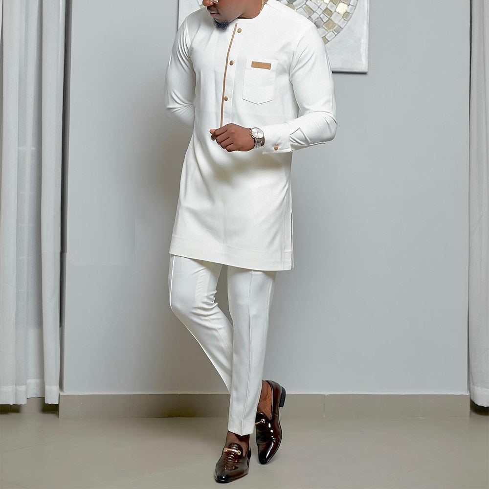 Men's 2-Piece Suit Set - Solid Color Round Neck Embroidery Long Sleeve Top and Trousers, Perfect for Wedding and Ethnic Inspired Style