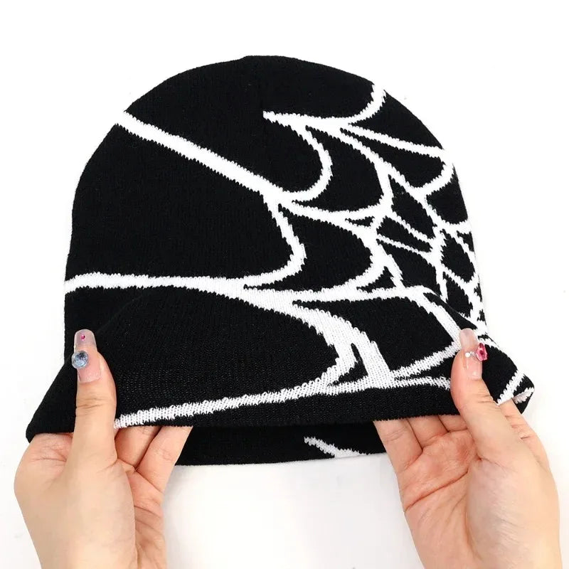 Punk Hip-hop Streetwear Cap Knitted Spider Web Design Hat for Men Women Pullover Pile Cap Y2k Goth Warm Beanie Hats