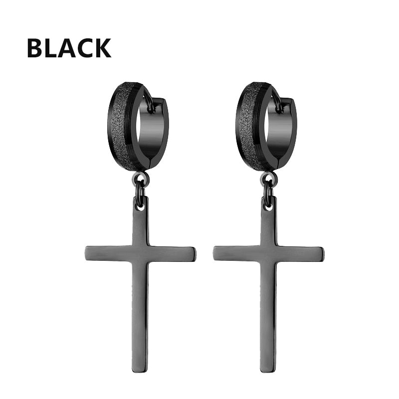 2pc Stainless Steel Men Cross Stars Punk Dangle Earrings Gothic Woman Cross Ear Hoop Earrings Huggies Pendant Piercing Jewelry