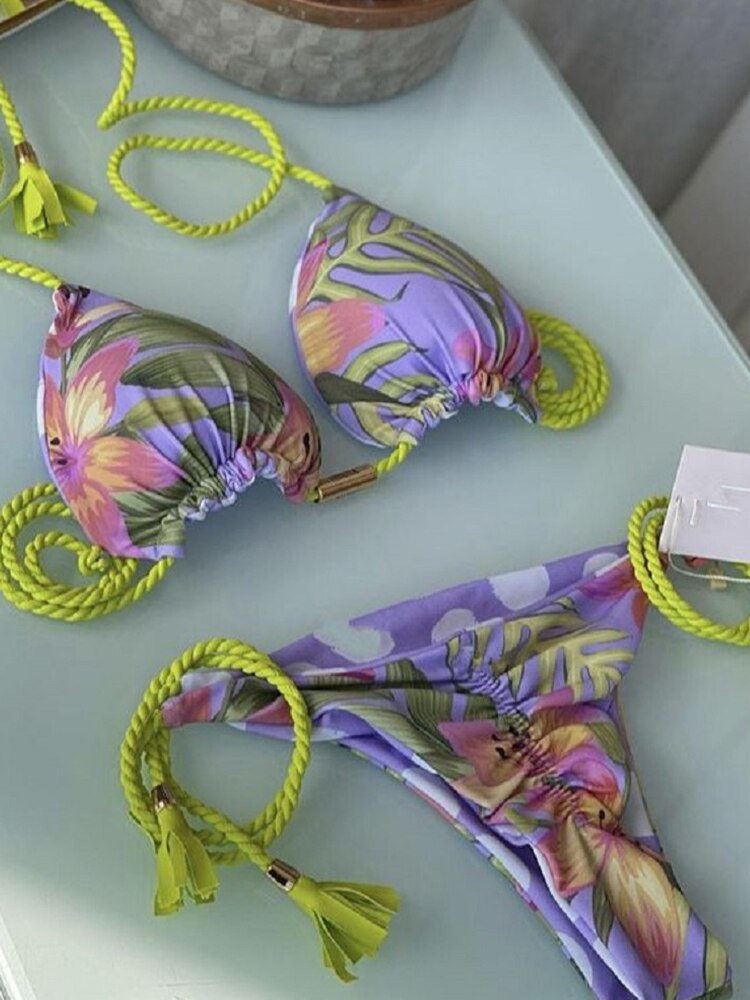 RUOTONGSEPT 2022 New Gradient Print Swimsuit Sexy Brazilian Braided rope Women Swimwear Micro Bikini Set Triangle Beach Biquinis