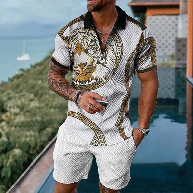 Men&#39;s Tracksuit 2 Piece Set Summer Maple Leaf Print 3D Short Sleeve Zipper Polo T Shirt Shorts Sportswear Casual Man Clothing