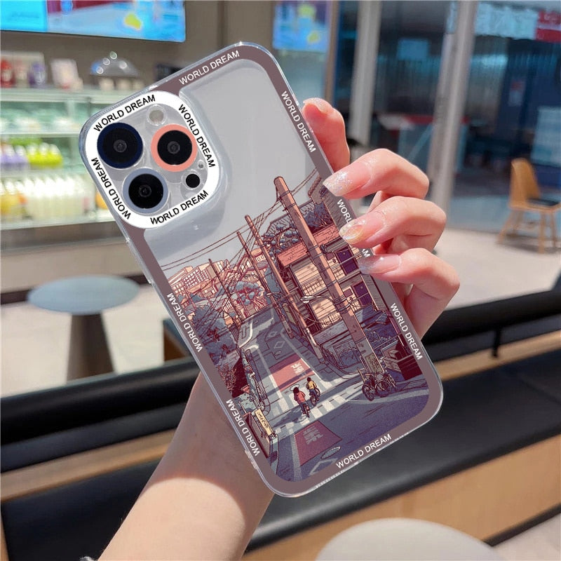 Japanese Anime Hand Painted House scenery Clear Phone Case For iPhone 13 14 12 11 Pro Max X XR XS 7 8Plus SE2 Transparent Cover