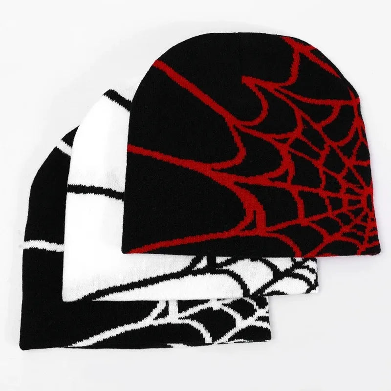 Punk Hip-hop Streetwear Cap Knitted Spider Web Design Hat for Men Women Pullover Pile Cap Y2k Goth Warm Beanie Hats