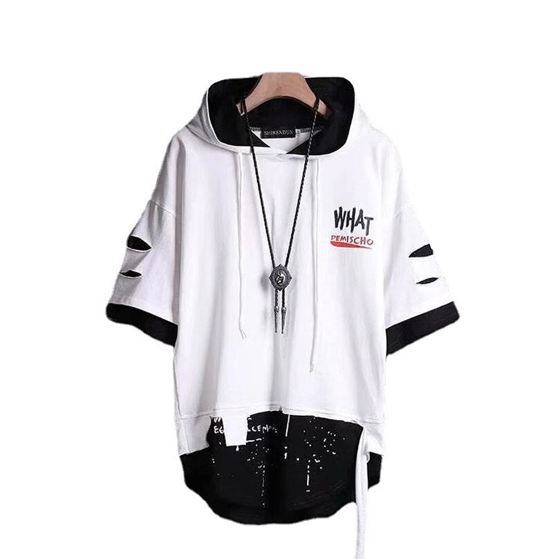 New Men T-shirt Korean Hooded T-shirt Fashion Harajuku Short Sleeve Top Hip Hop T Shirts Mens Summer Print Men Clothing T6