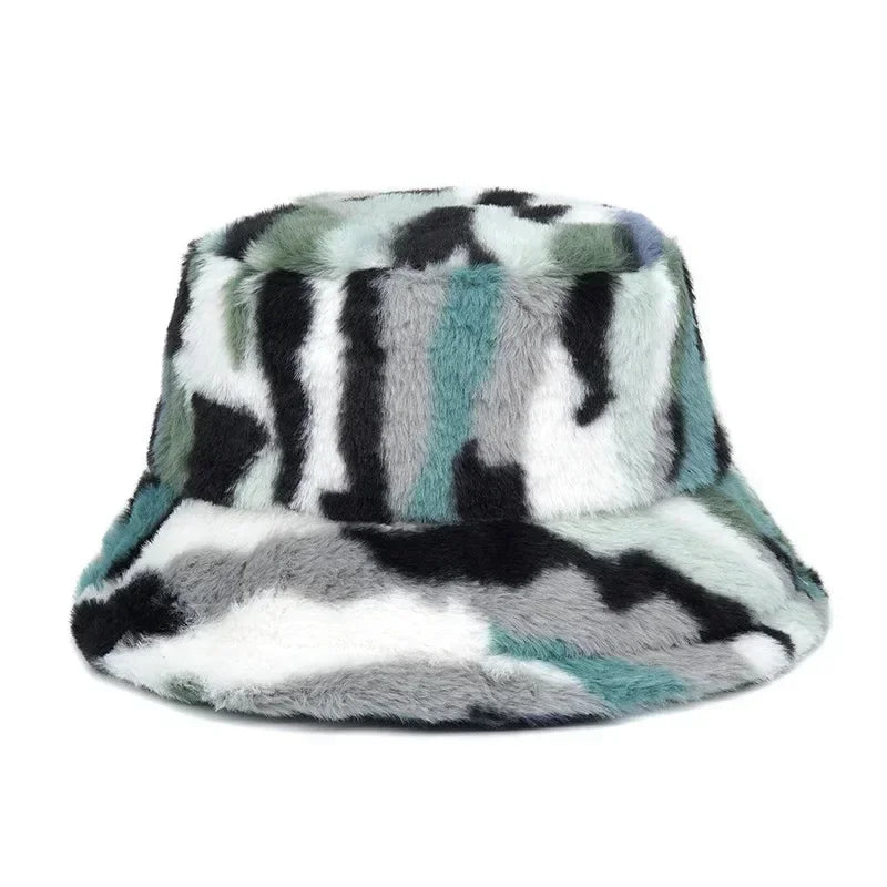 Winter Bucket Hats Women Fashion Print Ladies Warm Panama Hat Wool Soft Velvet Thickened Fur Rabbit Hair Outdoor Fisherman Hat