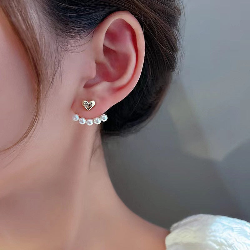 New Elegant Metal Heart-Shaped Back Hanging Pearl Earrings Korean Fashion Jewelry For Woman Girls Accessories Wholesale