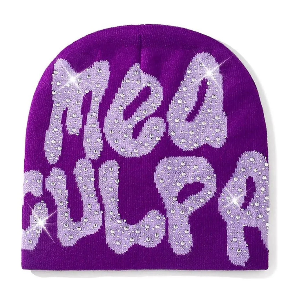 NEW Y2K MEA Culpa Beanies Hat with Rhinestone for Women Men Beanies Hats Hip-hop Soft Stretch Warm Knitted Slouchy Cap