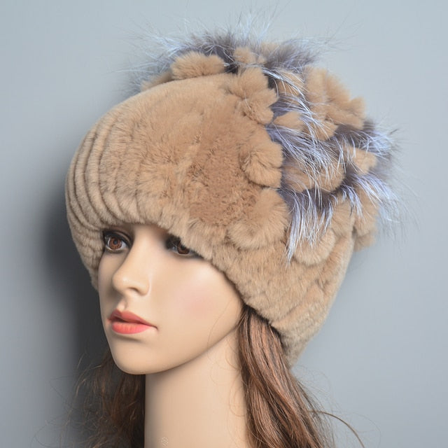 Brand Women Genuine Rex Rabbit Fur Hats Winter Rex Rabbit Fur Beanies Striped Top Flower Fox Fur Warm Real Fur Knit Caps