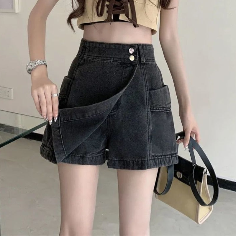 Denim Shorts Women Vintage Hotsweet Simple High Waist Distressed Asymmetrical Streetwear Korean Style Summer Female All-match