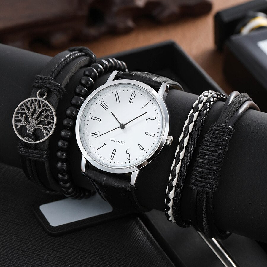 5pcs Black Quartz Watches Bracelet Men Business Casual Round Watch Life Tree PU Leather Bracelets Sets