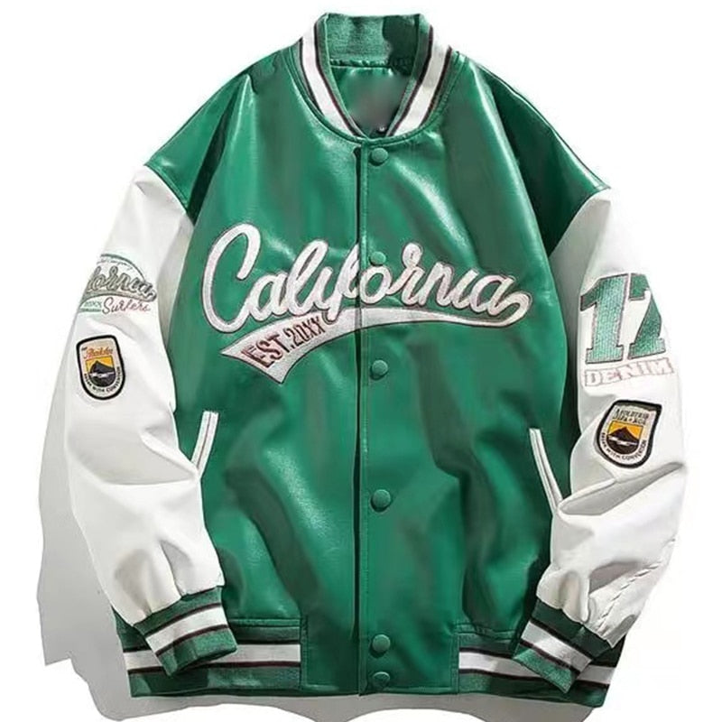 Baseball Jacket Men Hip-Hop Streetwear PU Leather Varsity Bomber Jacke