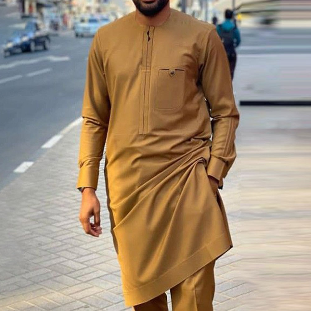 Men's 2-Piece Suit Set - Solid Color Round Neck Embroidery Long Sleeve Top and Trousers, Perfect for Wedding and Ethnic Inspired Style