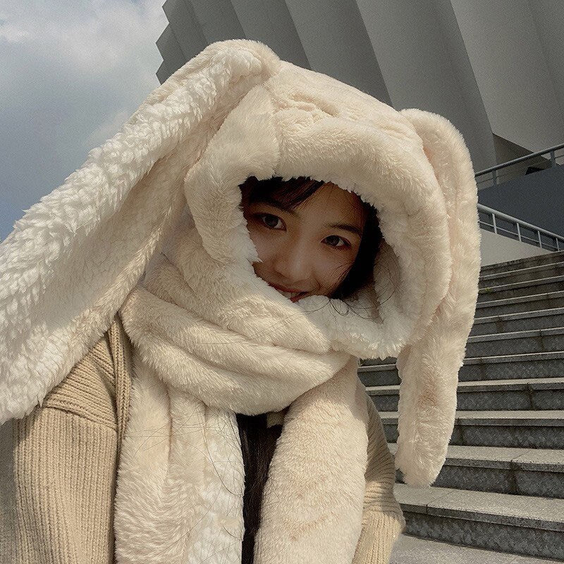 New Fashion Scarf Hat Glove Women Cute Big Ear Bunny Beanie Winter Warm Soft Thickening Pocket Warm Ear Hats Hooded Skullie