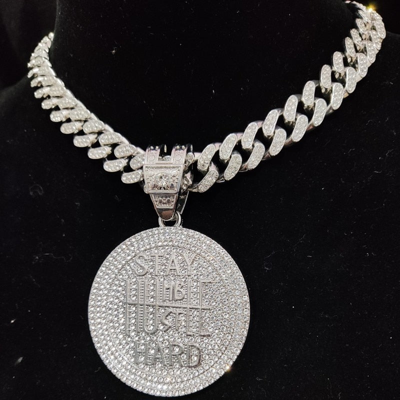 Men Women Hip Hop STAY HARD Pendant Necklace with 13mm Cuban Chain HipHop Iced Out Bling Necklaces Fashion Charm Jewelry