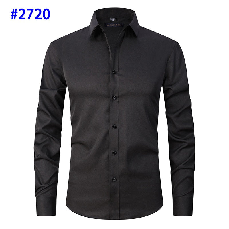 Men&#39;s Dress Shirts Casual Slim Fit Long Sleeve Male Social Shirts Comfortable Non Iron Solid Chemise Homme Blue