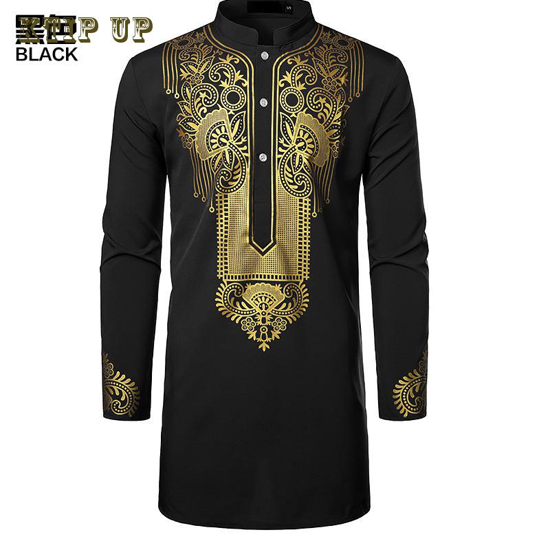 Luxury Casual Islamic Arabic Abaya Robe Fashion Ethnic Print Stand Collar Youth Mid-length Shirt Coat 2023 Muslim Men Clothing