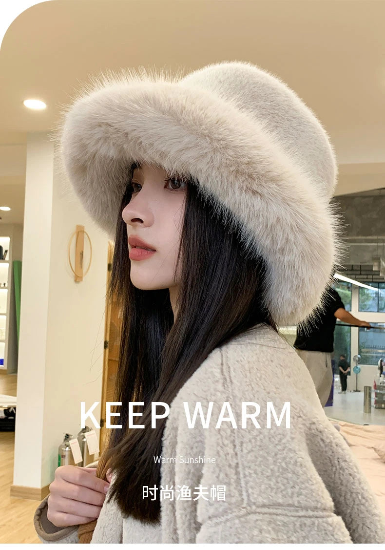 Fluffy Faux Fur Bucket Hats Women Rabbit Fur Warm Thick Plush Winter Hat Lady Fashion Luxury Panama Furry Fisherman Cap Y2k