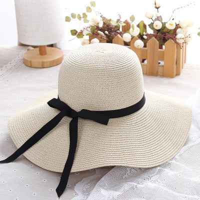 New Simple Foldable Wide Brim Floppy Girls Straw Hat Sun Hat Beach Women Summer Hat UV Protect Travel Cap Lady Cap Female