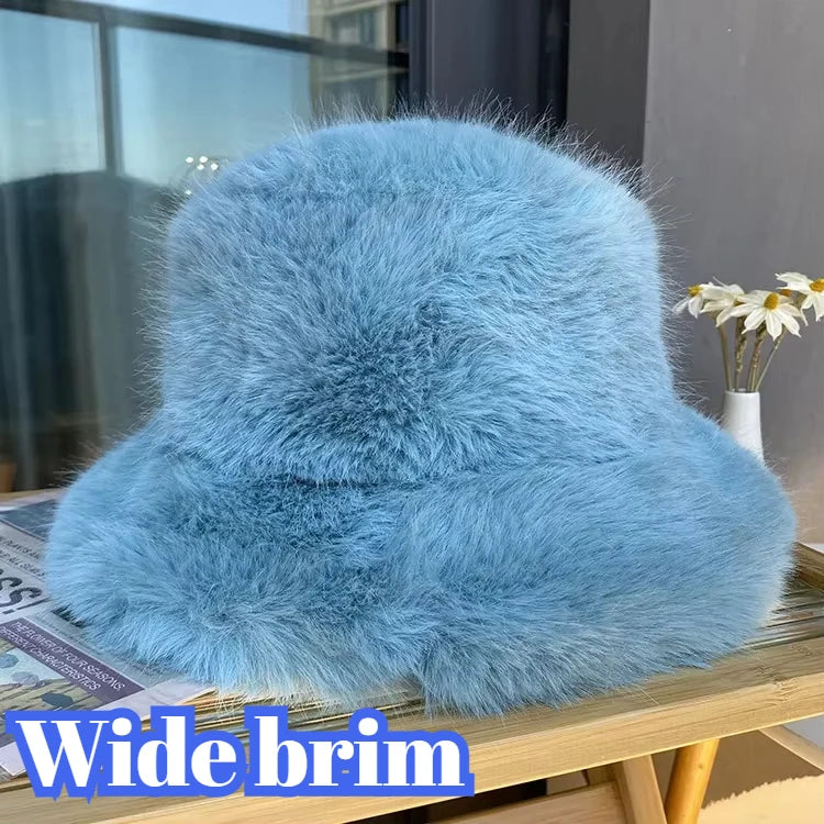 Fluffy Faux Fur Bucket Hats Women Rabbit Fur Warm Thick Plush Winter Hat Lady Fashion Luxury Panama Furry Fisherman Cap Y2k