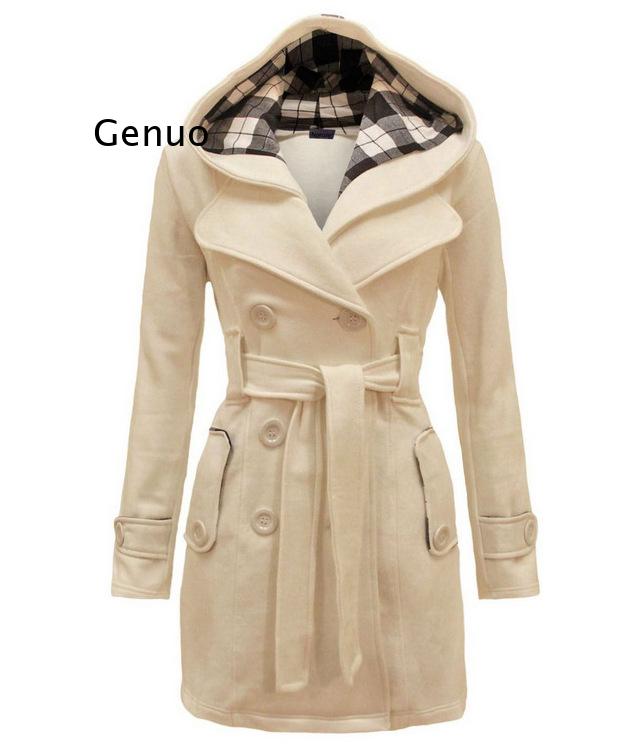 Autumn Elegant Vintage Office Lady Women Overcoats Slim Plain Belt Girls Winter Gray Female Coats hooded double-breasted 2XL 3XL