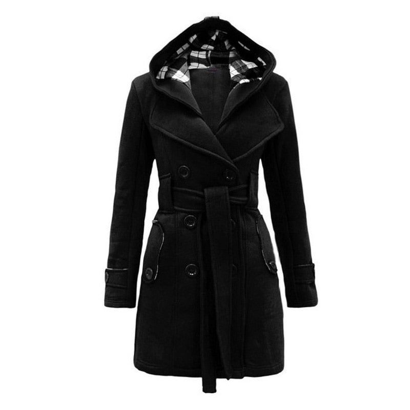 Autumn Winter Mid-Length Women's Solid Color Cotton Hooded Jacket Coat Casual Double-breasted  Keep Warm Outerwear Lady Coats