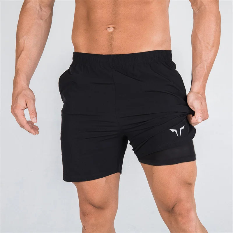 NEW Fitness Men Gyms Shorts Workout Male Breathable 2 In 1 Double-deck Quick Dry Sportswear Jogger Beach Shorts Men