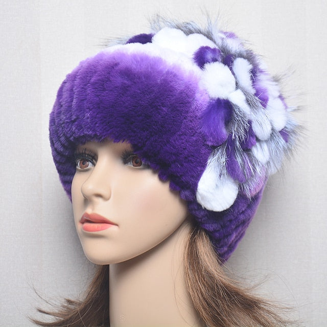 Brand Women Genuine Rex Rabbit Fur Hats Winter Rex Rabbit Fur Beanies Striped Top Flower Fox Fur Warm Real Fur Knit Caps