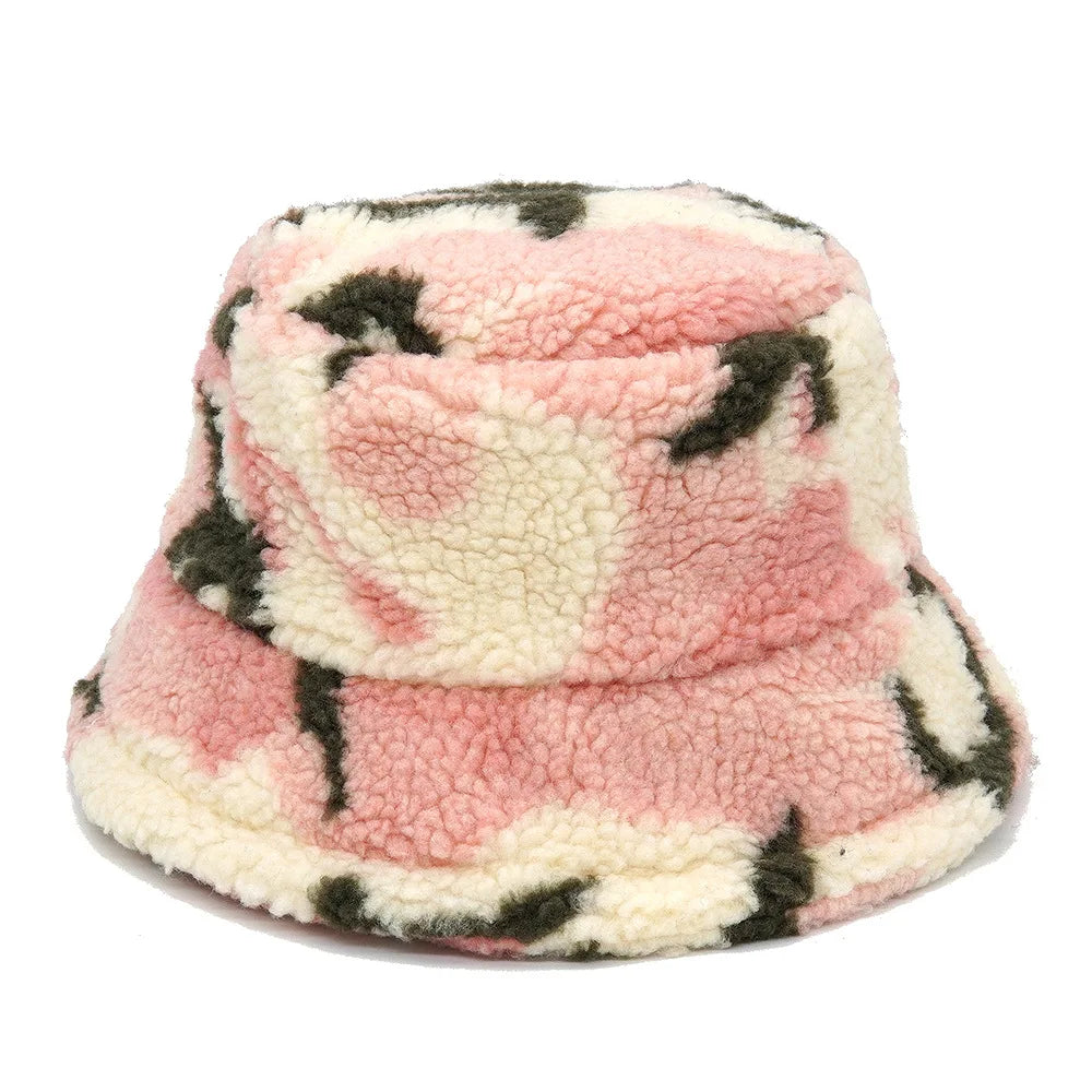 Winter Bucket Hats Women Fashion Print Ladies Warm Panama Hat Wool Soft Velvet Thickened Fur Rabbit Hair Outdoor Fisherman Hat